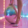 Glamorous Nightlife Scene with Woman's Shimmering Heels and Disco Ball at Party
