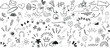hand drawn Doodle art, black ink on white, symbols, icons, playful design. Perfect for backgrounds, wallpapers, artistic expression. Features everyday objects, abstract shapes