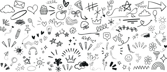 Wall Mural - hand drawn Doodle art, black ink on white, symbols, icons, playful design. Perfect for backgrounds, wallpapers, artistic expression. Features everyday objects, abstract shapes