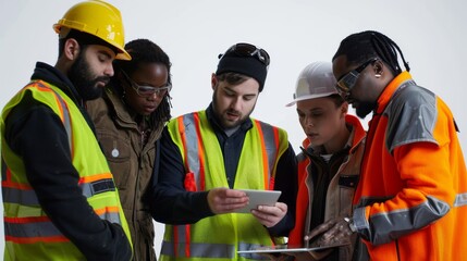 A group of diverse engineers in safety vests, strategizing over a digital tablet, showing teamwork, set against a clean white backdrop.