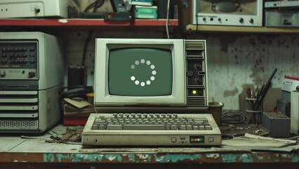 old personal computer on table. vintage desktop technology illustration. seamless looping overlay 4k virtual video animation background