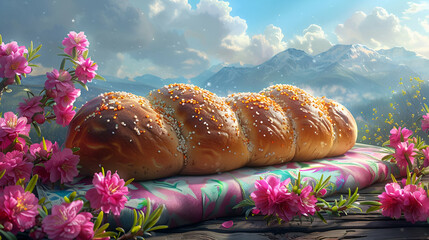 Alpine Easter: Traditional Bread Amidst Blooming Flowers, a Picture-Perfect Setting, Peaceful and Serene Concept, for a travel magazine’s spring edition and picturesque dining experiences, Copy Space