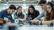 © Exnoi - A group of young engineers in a robotics lab, programming together, teamwork and focus clear, with a plain white background, styled as a collaborative tech workspace.