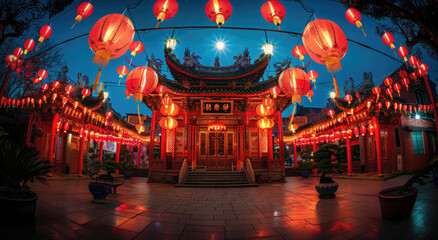 Sticker - Chinese style architecture, an archway surrounded in the style of red lanterns, a symmetrical composition, a wideangle lens, a night scene, bright colors, a festive atmosphere, lantern light reflectin