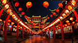 Fototapeta Miasto - Chinese style architecture, an archway surrounded in the style of red lanterns, a symmetrical composition, a wideangle lens, a night scene, bright colors, a festive atmosphere, lantern light reflectin