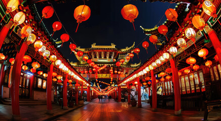 Wall Mural - Chinese style architecture, an archway surrounded in the style of red lanterns, a symmetrical composition, a wideangle lens, a night scene, bright colors, a festive atmosphere, lantern light reflectin