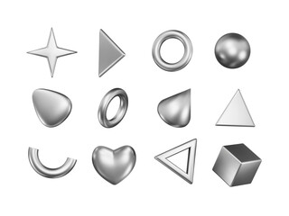 Wall Mural - set of 3d chrome elements and abstract shapes. futuristic y2k metal star, circles, triangles, cube, 