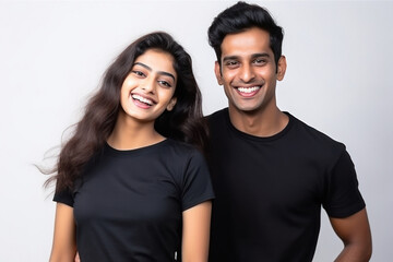 Wall Mural - Indian couple in black t shirt on white background