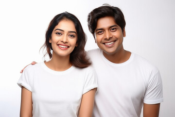 Wall Mural - Indian couple in white t shirt on white background