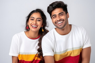 Young indian couple standing together and giving happy expression.