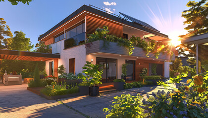 Wall Mural - Eco-friendly modern home with organic design elements and energy-efficient technologies, set in a suburban area under the summer sun.