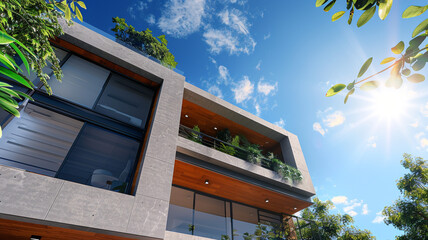 Wall Mural - Innovative residential design with a unique facade and smart home features, under the clear skies of a sunny day.