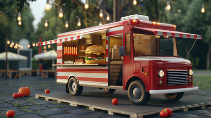 Sticker - A red stripe burger food truck with an open window parked in a park.