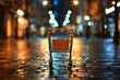 A shopping cart is sitting on a wet street. The cart is empty and the lights of the city