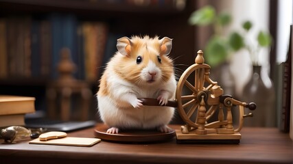 Wall Mural - : An adorable hamster enjoying its time on a spinning wheel inside its cage placed on the bookshelf in the home office room.

