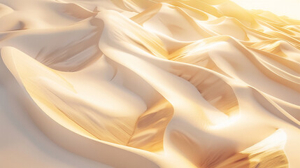 Wall Mural - An abstract aerial view of a desert, with sand dunes creating wave-like patterns in shades of beige and cream, highlighted by the setting sun.