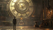 A man stands in front of a large clock with Roman numerals by AI generated image