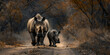 Mother and baby rhinoceros large herbivorous mammals graze in African wilderness 