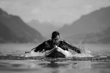 Wall Mural - Muscular man relax in water at the lake. Attractive male sexy model in water. Handsome boy rest in Alps lake water. Sexy man naked torso in water. Man freedom lifestyle. Strong muscles guy.