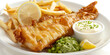A classic British dish, fish and chips features deep-fried haddock or cod, crispy and golden-brown with a flaky and moist texture, paired with thick and crunchy chips,