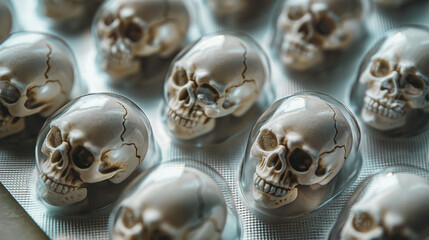 Blister pack of pills shaped like skulls conveys a health hazard warning against misuse Symbolizes danger in medications, addiction or poison
