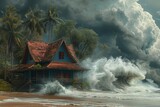 A Massive Tsunami Wave Bearing Down on a Serene Tropical House, Symbolizing Imminent Danger, Generative AI
