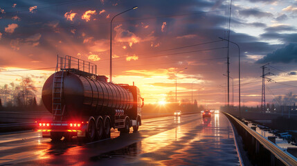 Wall Mural - A mammoth fuel tanker truck cruises along the highway, transporting industrial petroleum products to their destinations