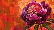 A striking dark pink peony blooms vibrantly against a backdrop of bright orange