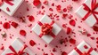 Elevate your Valentine s Day surprise game with chic white gift boxes adorned with a vibrant red ribbon bow set against a soft pastel pink backdrop This top view flat lay captures the essen