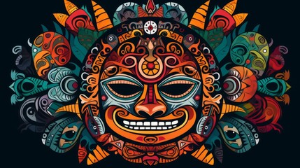 A mandala featuring tribal inspired patterns and tribal masks