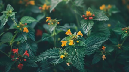 Canvas Print - Close up photo of red and yellow nettle flowers in a herbal plant garden