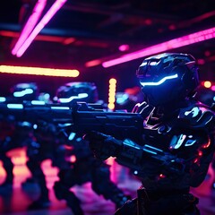  a team of robots playing a competitive game of laser tag in a n