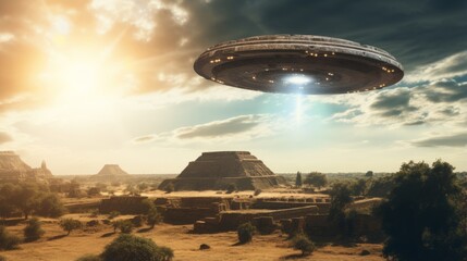 Wall Mural - a ufo hovering above an ancient archaeological site