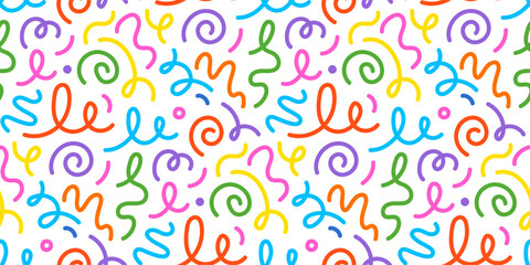 Wall Mural - Kid line color seamless pattern. Abstract cute children party squiggle background design. Fun kid color line seamless pattern. Cute abstract children background. Vector illustration