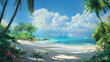 A beautiful beach scene with palm trees and a clear blue ocean. Scene is peaceful and relaxing