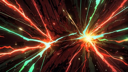 Wall Mural - abstract red and green lightning sparks effects anime cartoon style background from Generative AI