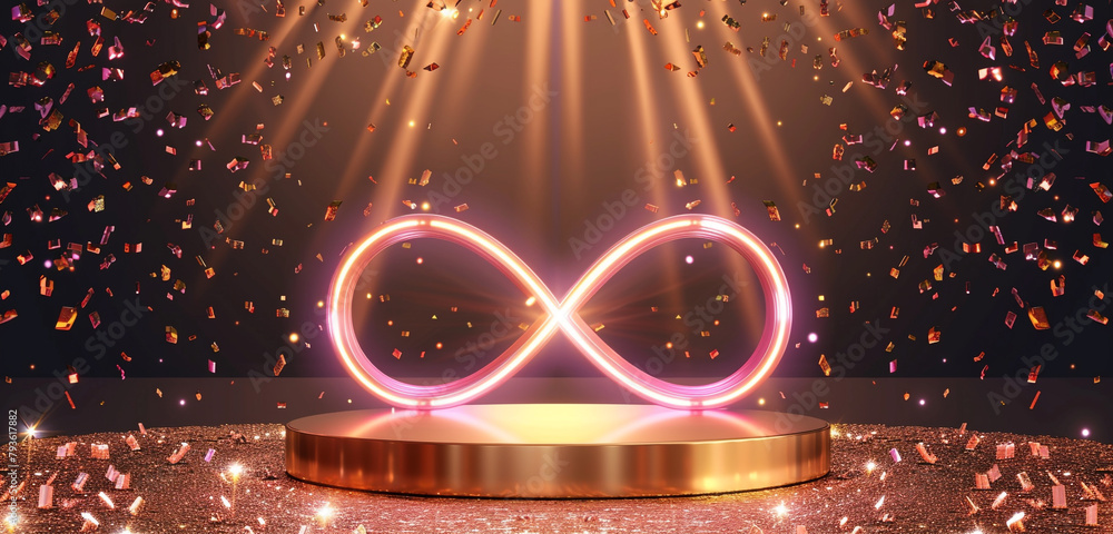 Octagonal platform with glowing infinity symbol, golden light rays, and ...