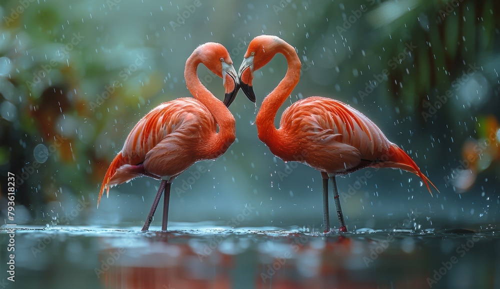 2 elegant flamingos standing in the water forming a love heart ...