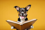 Fototapeta Dmuchawce - A happy dog with a book on a yellow background. The concept of education, training, and training of animals.