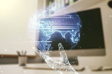 Wall Mural - abstract creative digital world map and modern desktop with pc on background, globalization concept.