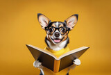 Fototapeta Dmuchawce - A happy dog with a book on a yellow background. The concept of education, training, and training of animals.