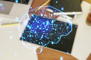Wall Mural - creative artificial intelligence concept with human brain sketch and modern digital tablet on deskto