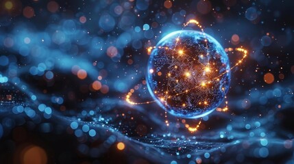 An of an atom with a glowing blue nucleus and orange electrons orbiting it. The background is a dark blue with bright orange and yellow lights.