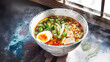 Japanese soup with onion, egg,  on table. Asian traditional hot food banner
