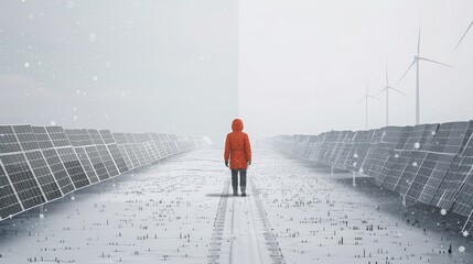 Wall Mural - a solitary construction worker in a crisp, snowy landscape, walking alone through a silent field of 