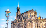 Fototapeta Desenie - Dresden, Saxony, Germany. Panoramic cityscape over historical and touristic center in Dresden downtown, old Cathedral of Holy Trinity at theater square and old street light lamp