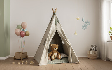 Interior of childroom in pastel colors in modern minimalist style. Copy space. Template, 3d rendering 
