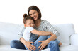 Happy loving mom hugging little daughter, spend time together on a transparent background