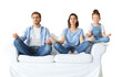 Calm young family with little daughter sit on couch practice yoga together on a transparent background