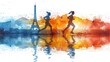 Vibrant vector illustration of marathon runners running past the Eiffel Tower in Paris